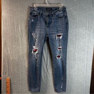 Judy Blue Distressed Skinny Jeans Red Buffalo Plaid Patch Stretch Denim 11/30 L